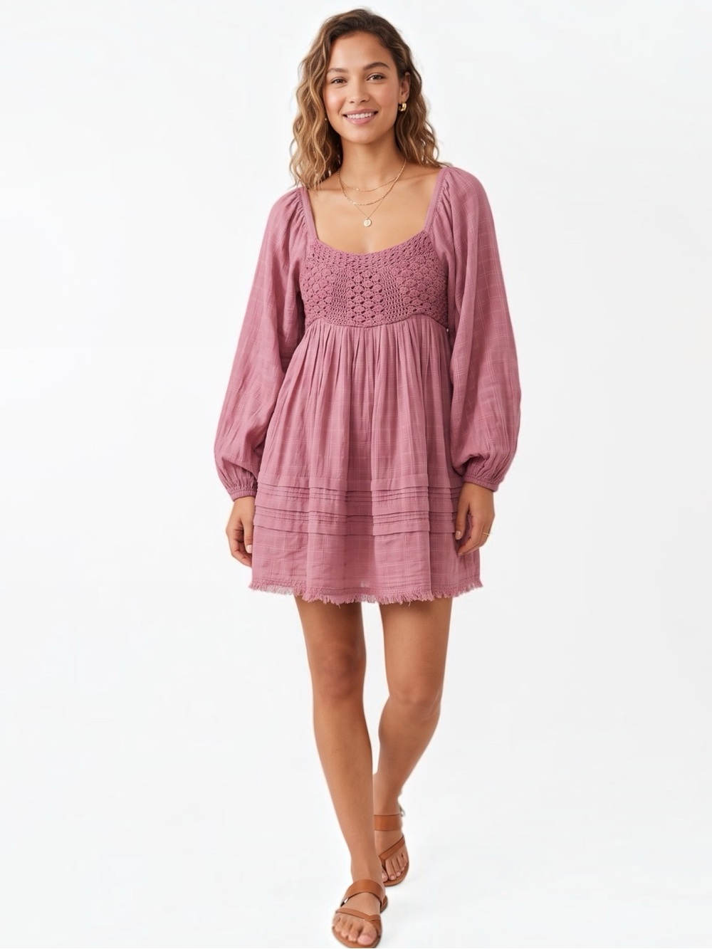 Free People Ari Mini Dress Small Pink Mauve Smocked Crochet Boho Cottagecore
